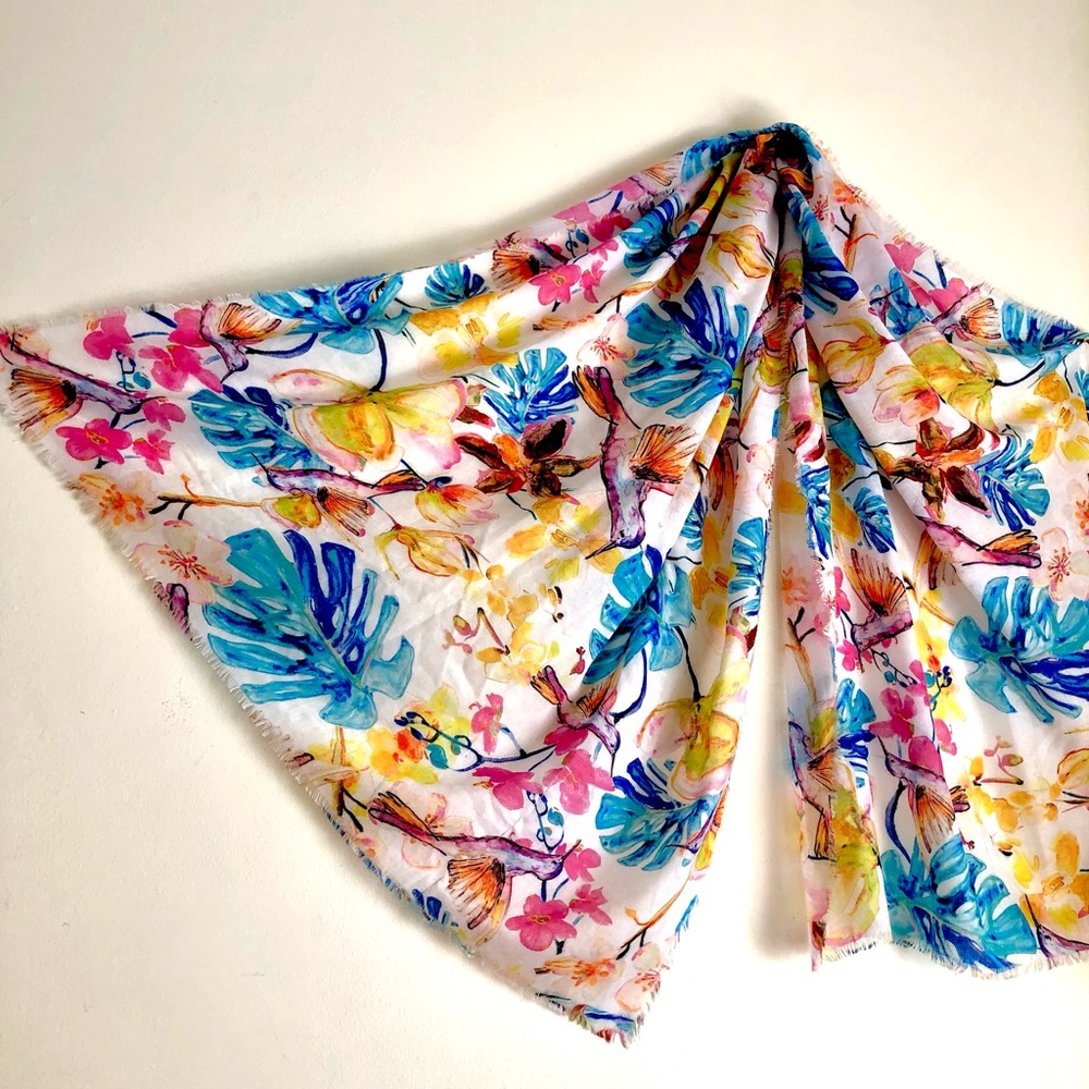 Floral Scarf with Tropical Design, Hummingbird/Monstera Leaf Watercolour Print